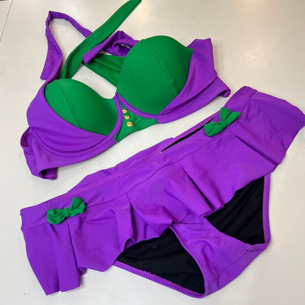 DC Comics Women's The Joker Two-Piece Swimsuit Bikini Set Purple Green Size XL